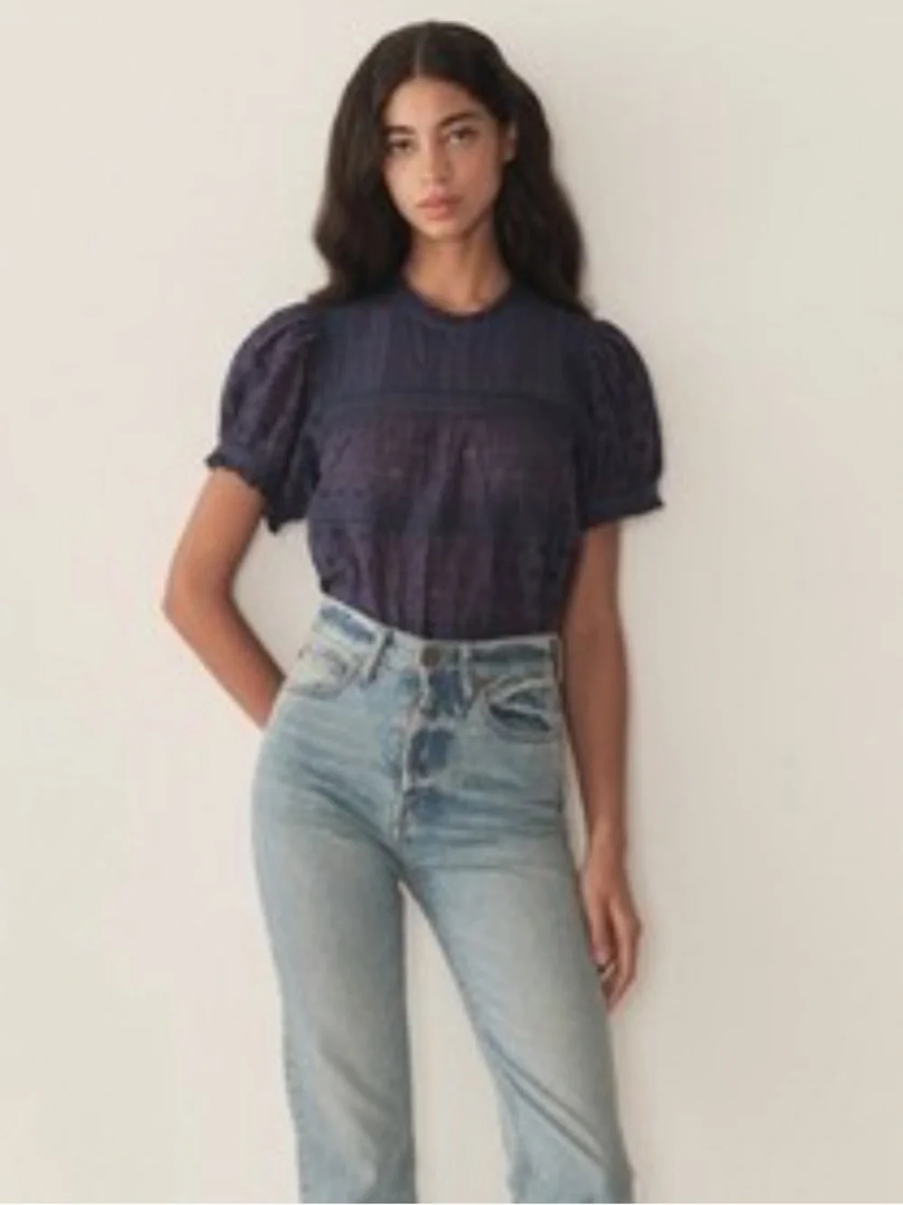 Doen Adeline Navy Embroidered Ruffle Cotton Top